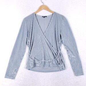 Charlotte Russe Plus Wrap Top 1X Long Sleeve Pleated Tie Front Light Blue